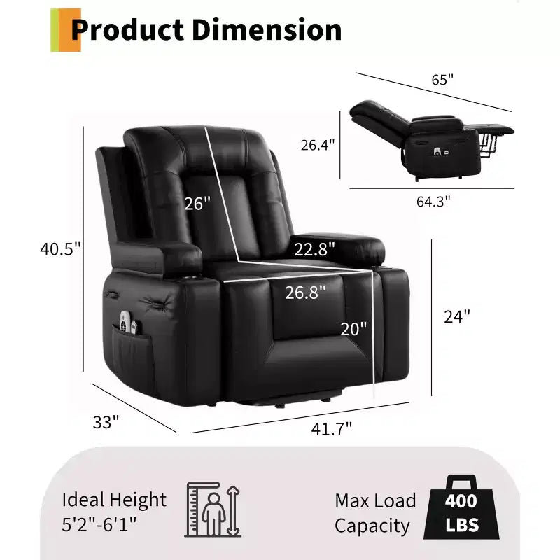Fauteuil inclinable électrique releveur en similicuir noir / rouge lie de vin avec fonction chauffante et massage, une place