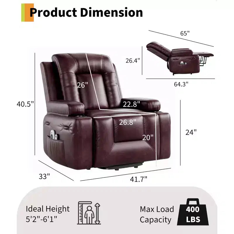 Fauteuil inclinable électrique releveur en similicuir noir / rouge lie de vin avec fonction chauffante et massage, une place