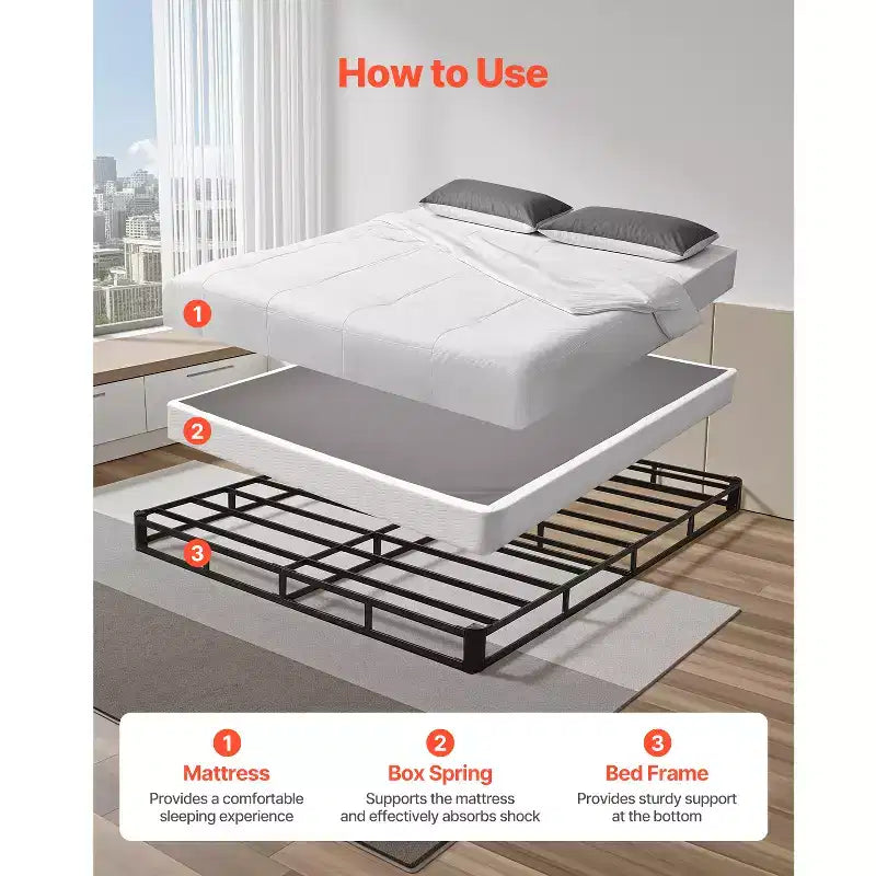 Sommier Tapissier Queen Noir – Cadre en Acier, Housse Lavable, Convient pour 1 à 2 Utilisateurs
