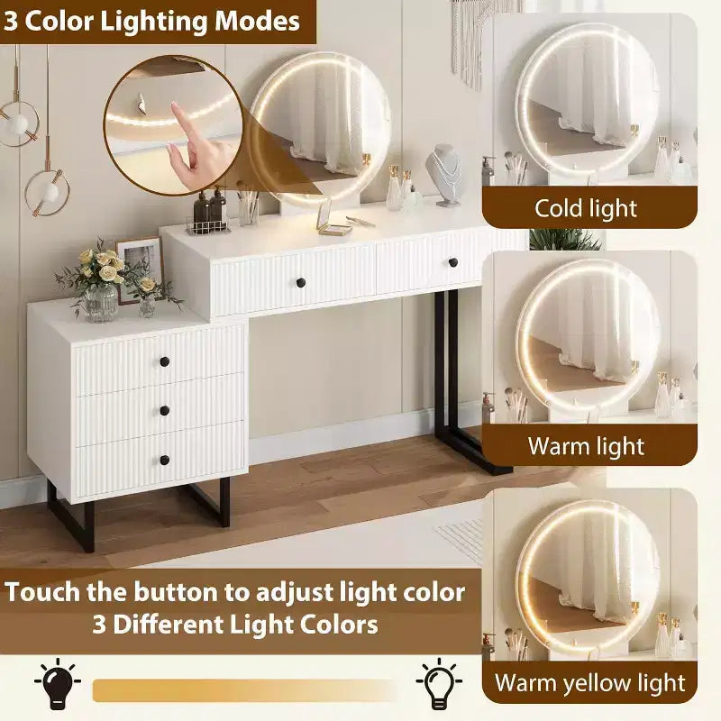 Coiffeuse Lumineuse Noire/Blanche avec Miroir et 5 Tiroirs – Utilisation Individuelle