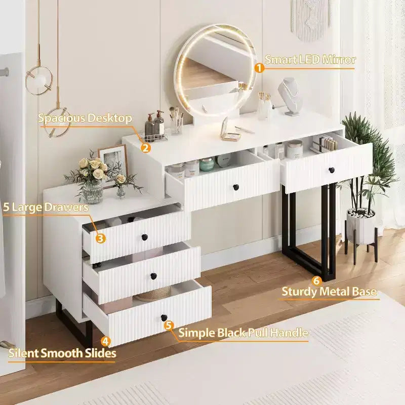 Coiffeuse Lumineuse Noire/Blanche avec Miroir et 5 Tiroirs – Utilisation Individuelle