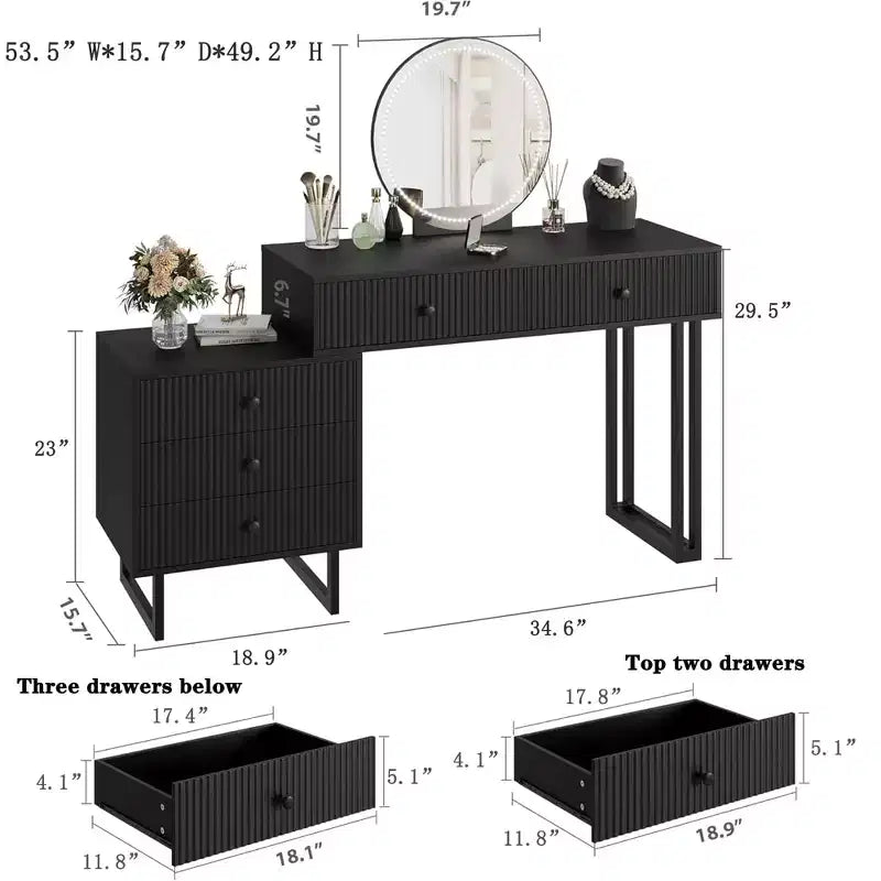 Coiffeuse Lumineuse Noire/Blanche avec Miroir et 5 Tiroirs – Utilisation Individuelle