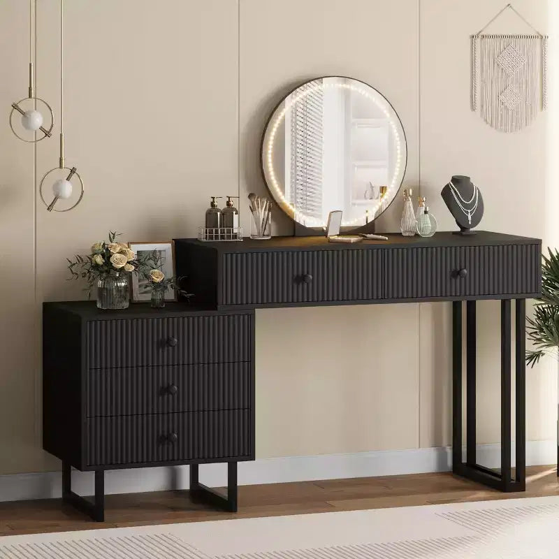 Coiffeuse Lumineuse Noire/Blanche avec Miroir et 5 Tiroirs – Utilisation Individuelle
