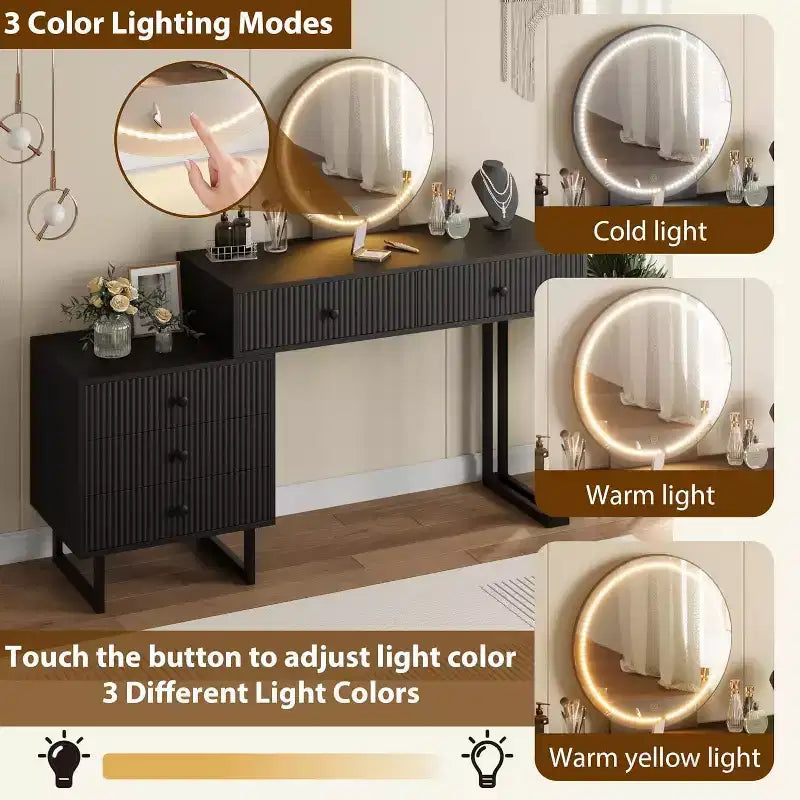 Coiffeuse Lumineuse Noire/Blanche avec Miroir et 5 Tiroirs – Utilisation Individuelle
