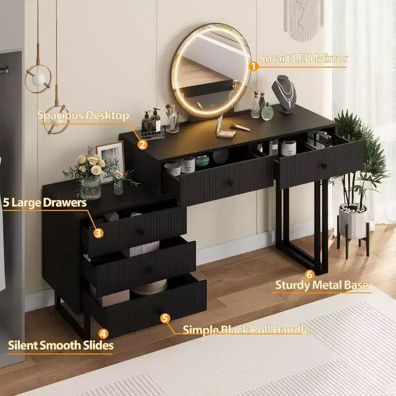Coiffeuse Lumineuse Noire/Blanche avec Miroir et 5 Tiroirs – Utilisation Individuelle