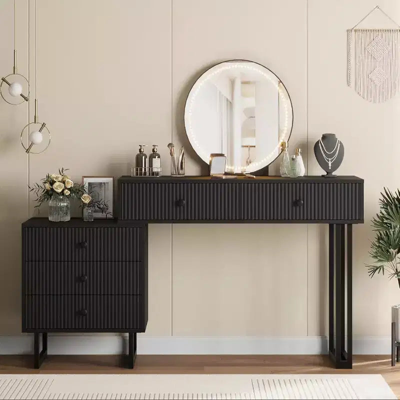 Coiffeuse Lumineuse Noire/Blanche avec Miroir et 5 Tiroirs – Utilisation Individuelle