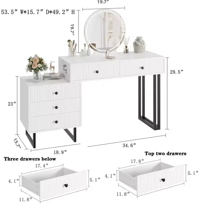 Coiffeuse Lumineuse Noire/Blanche avec Miroir et 5 Tiroirs – Utilisation Individuelle