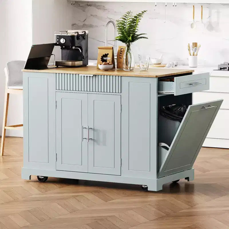 Îlot de cuisine cannelé noir / bleu-gris / blanc avec poubelle intégrée, roulettes et tiroir – Utilisateur unique