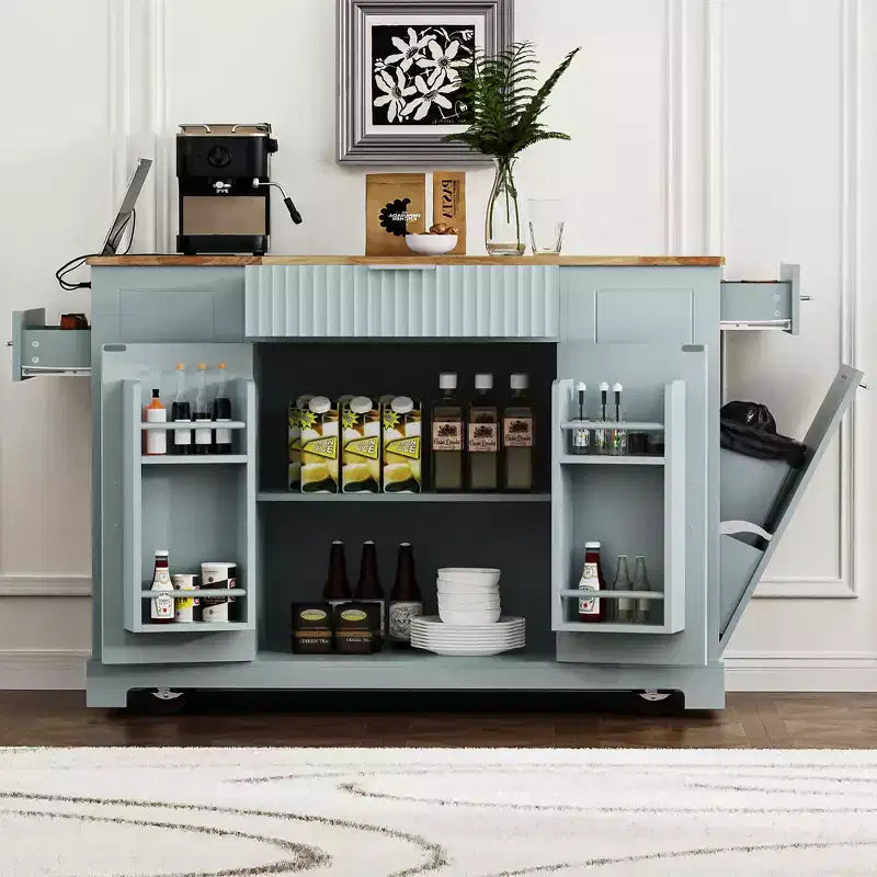 Îlot de cuisine cannelé noir / bleu-gris / blanc avec poubelle intégrée, roulettes et tiroir – Utilisateur unique