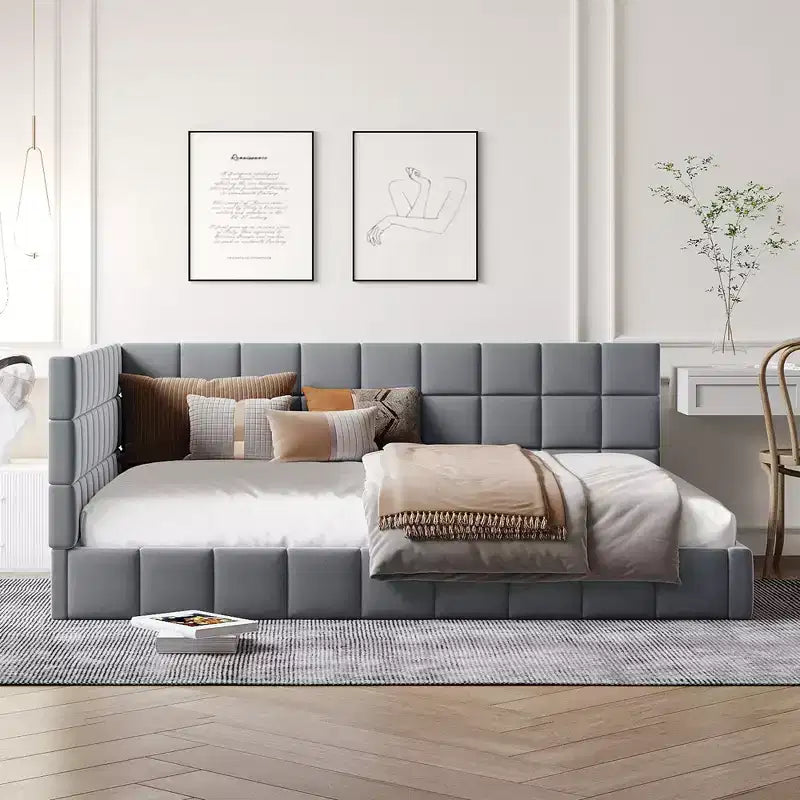 Lit de repos capitonné en velours – Beige / Gris, style milieu de siècle, taille double