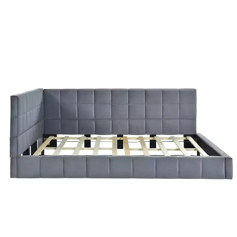 Lit de repos capitonné en velours – Beige / Gris, style milieu de siècle, taille double