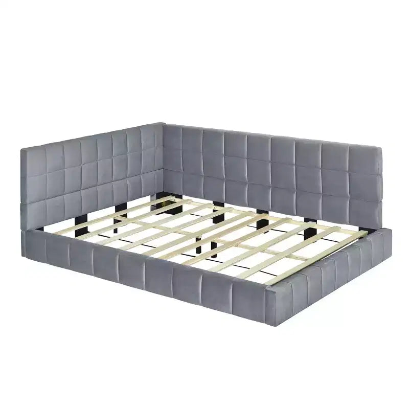 Lit de repos capitonné en velours – Beige / Gris, style milieu de siècle, taille double