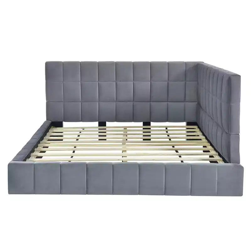 Lit de repos capitonné en velours – Beige / Gris, style milieu de siècle, taille double