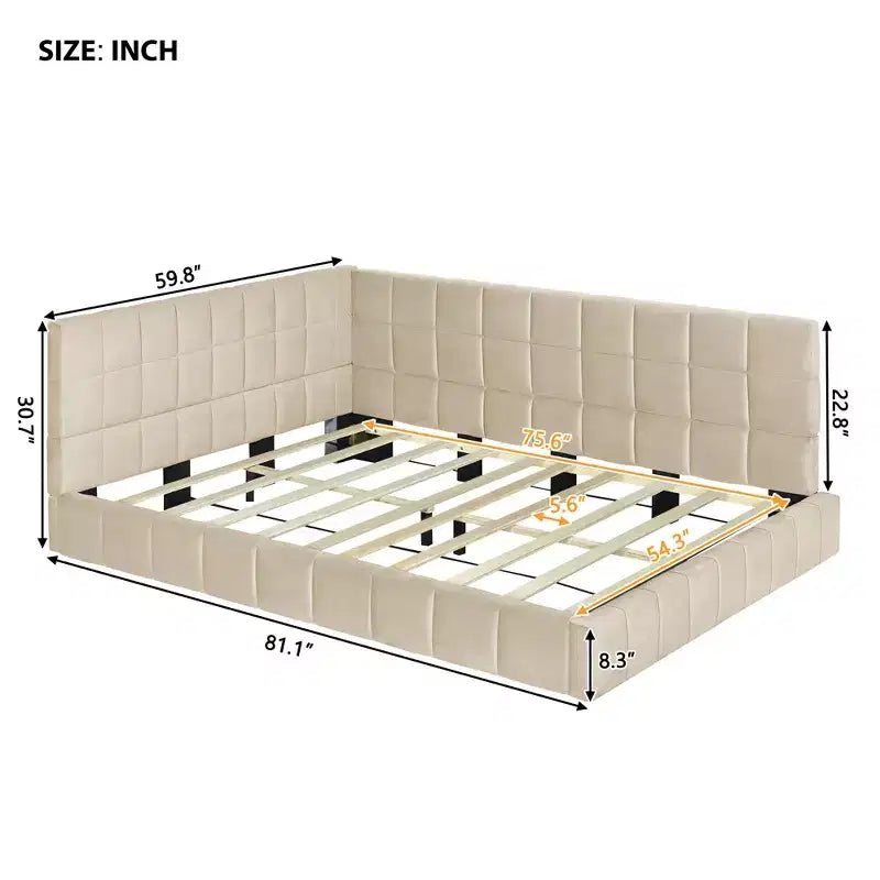 Lit de repos capitonné en velours – Beige / Gris, style milieu de siècle, taille double