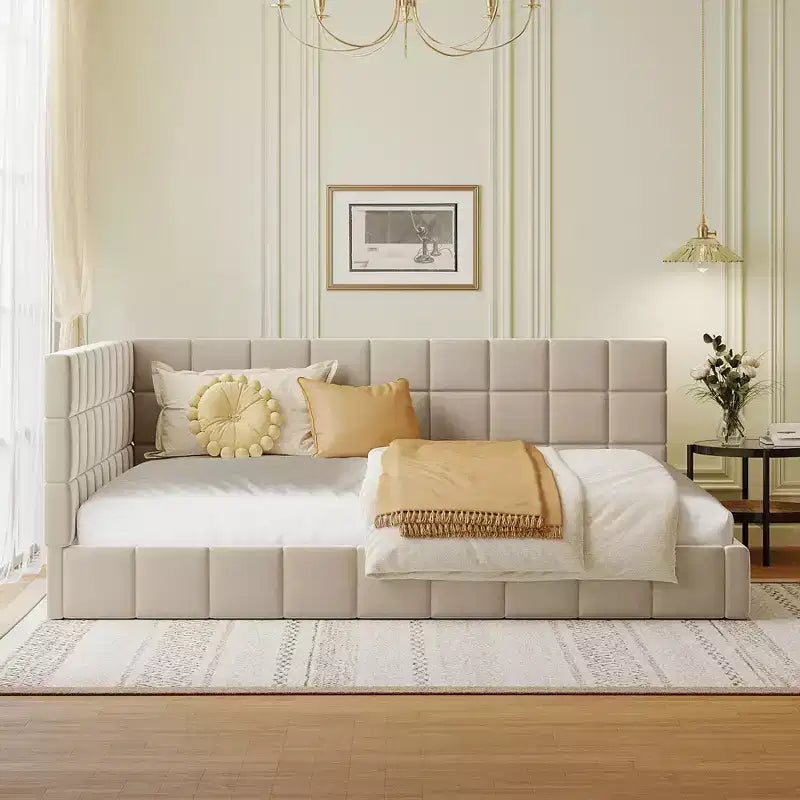 Lit de repos capitonné en velours – Beige / Gris, style milieu de siècle, taille double