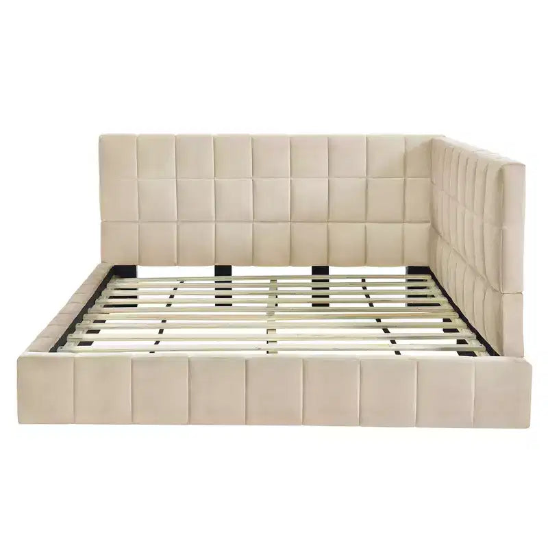 Lit de repos capitonné en velours – Beige / Gris, style milieu de siècle, taille double
