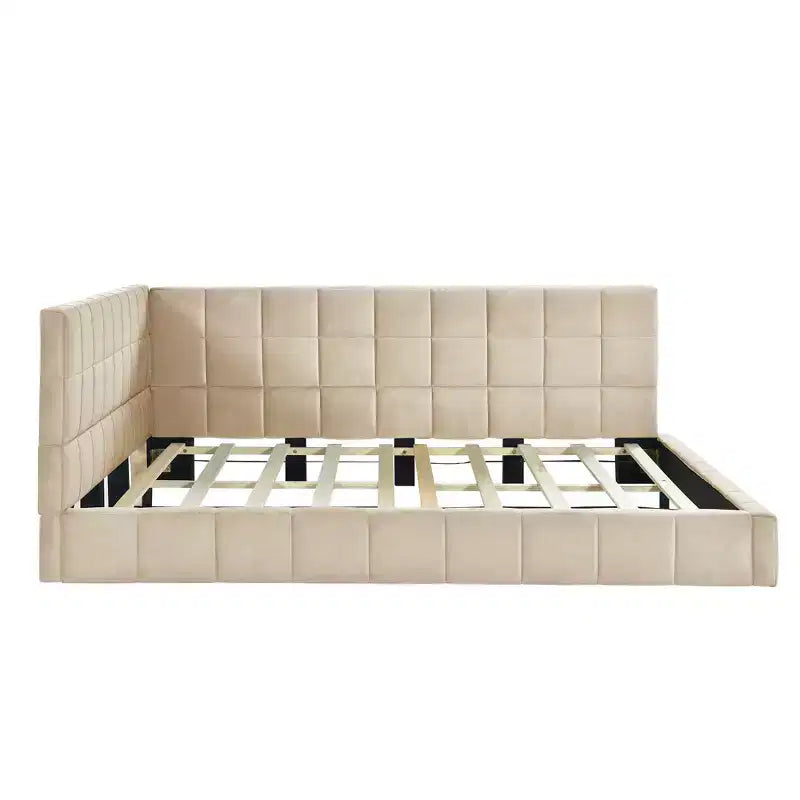 Lit de repos capitonné en velours – Beige / Gris, style milieu de siècle, taille double