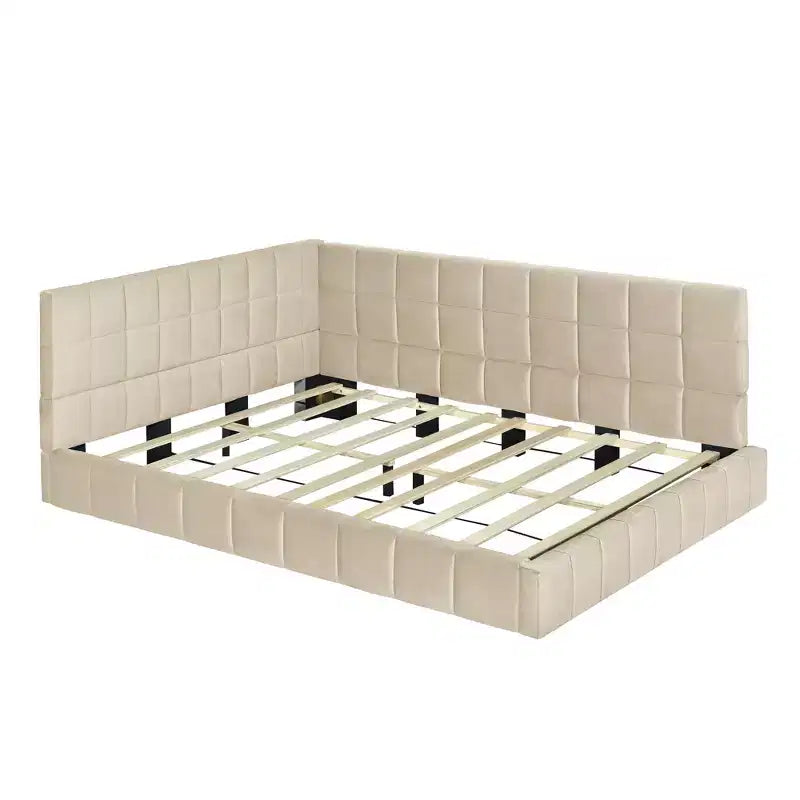 Lit de repos capitonné en velours – Beige / Gris, style milieu de siècle, taille double