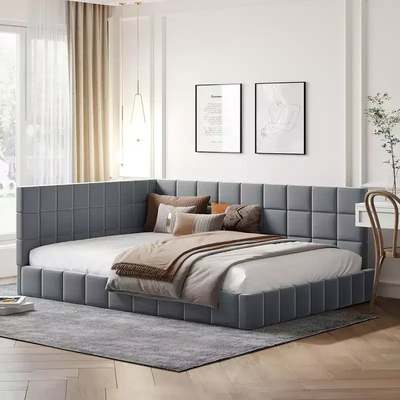Lit de repos capitonné en velours – Beige / Gris, style milieu de siècle, taille double