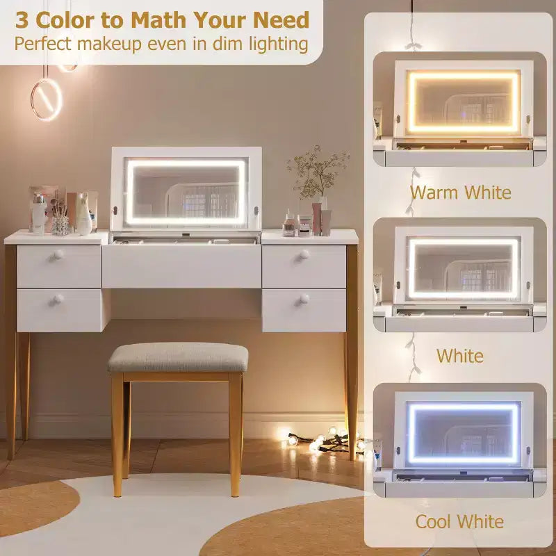 Coiffeuse multicolore avec miroir éclairé et tabouret, 1 personne