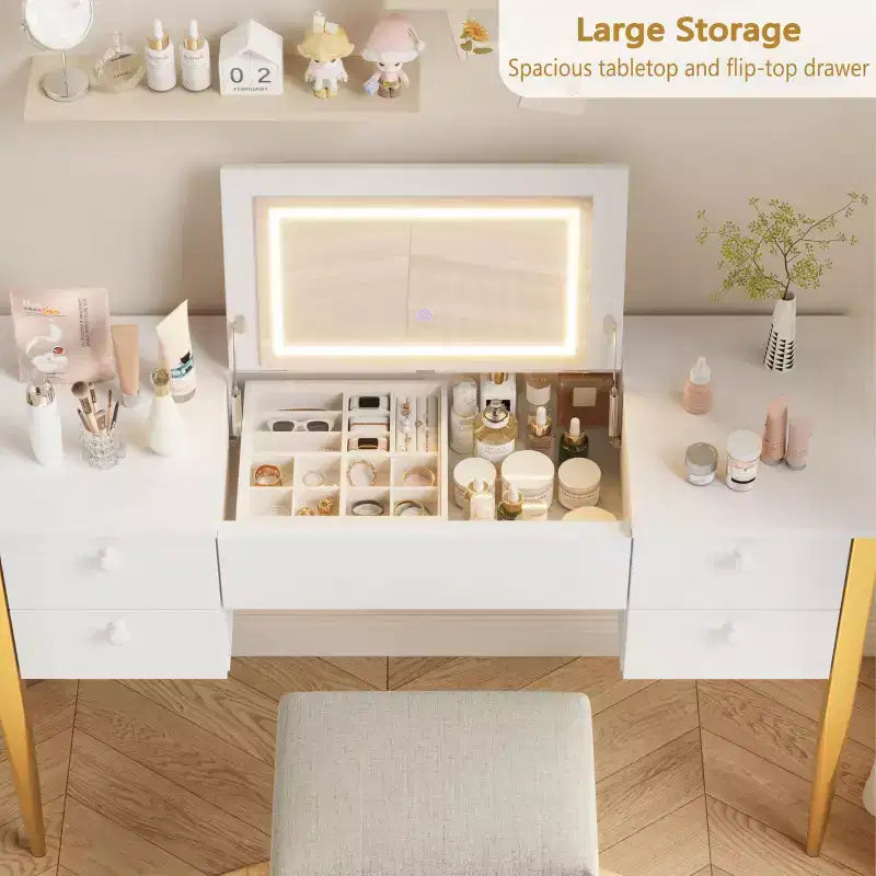 Coiffeuse multicolore avec miroir éclairé et tabouret, 1 personne