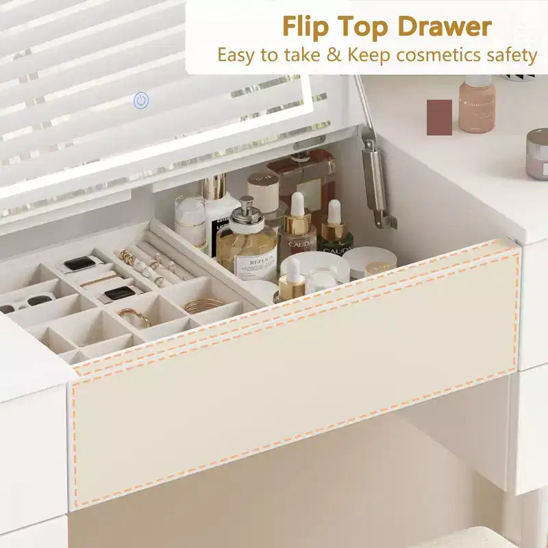 Coiffeuse multicolore avec miroir éclairé et tabouret, 1 personne