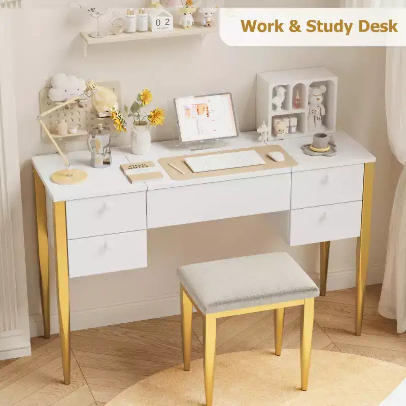 Coiffeuse multicolore avec miroir éclairé et tabouret, 1 personne