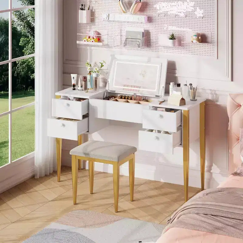 Coiffeuse multicolore avec miroir éclairé et tabouret, 1 personne