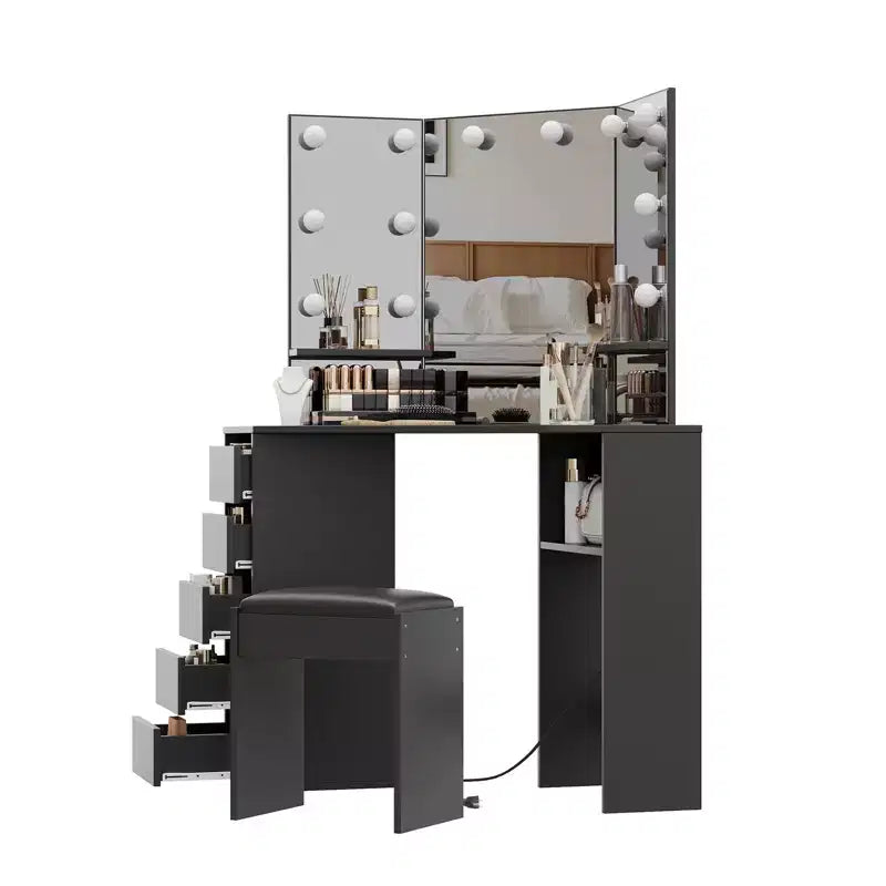 Coiffeuse d'angle avec tabouret – Noir / Marron / Blanc, miroir LED, 1 personne