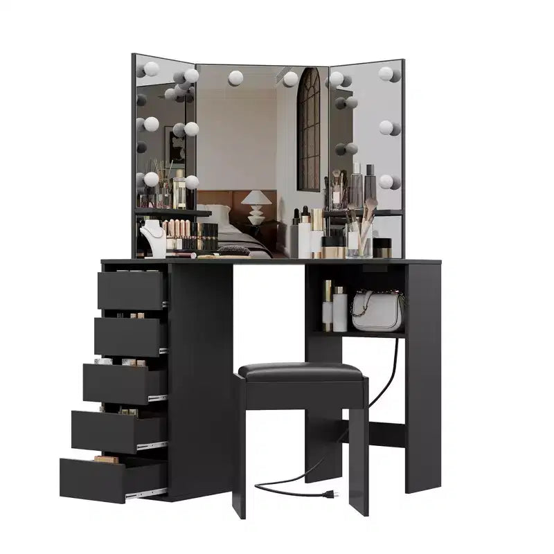 Coiffeuse d'angle avec tabouret – Noir / Marron / Blanc, miroir LED, 1 personne