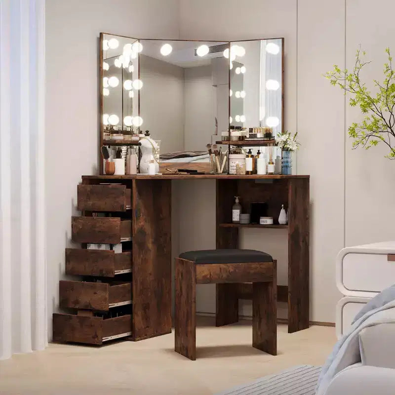 Coiffeuse d'angle avec tabouret – Noir / Marron / Blanc, miroir LED, 1 personne