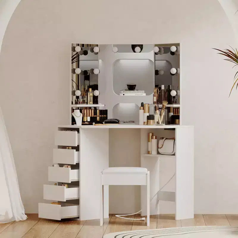 Coiffeuse d'angle avec tabouret – Noir / Marron / Blanc, miroir LED, 1 personne