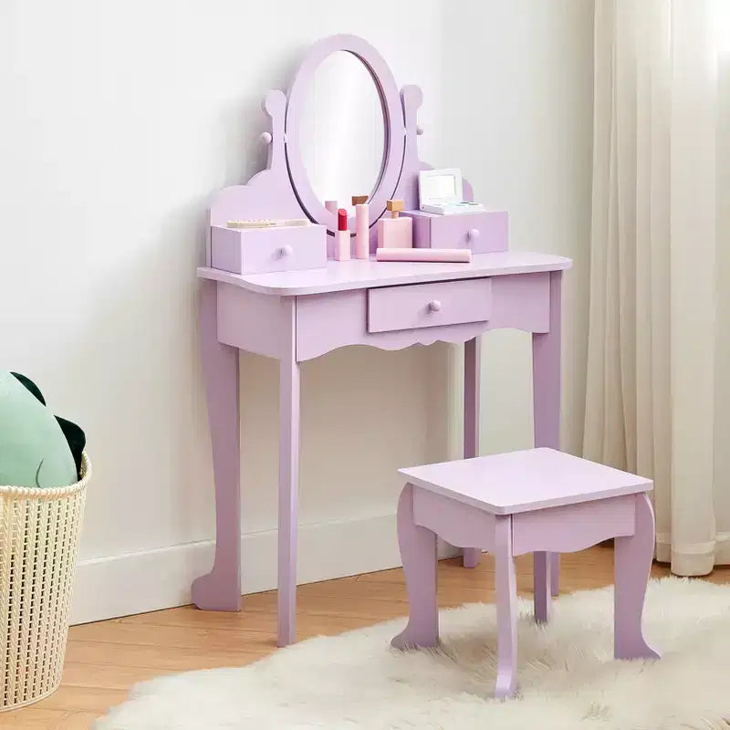 Coiffeuse rose / violette / blanche avec miroir et tabouret pour enfants – Pour 1 enfant, 4-10 ans