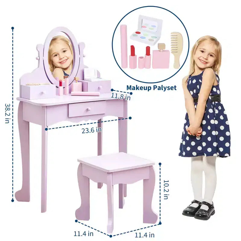 Coiffeuse rose / violette / blanche avec miroir et tabouret pour enfants – Pour 1 enfant, 4-10 ans