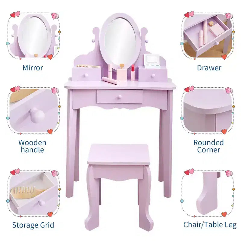 Coiffeuse rose / violette / blanche avec miroir et tabouret pour enfants – Pour 1 enfant, 4-10 ans