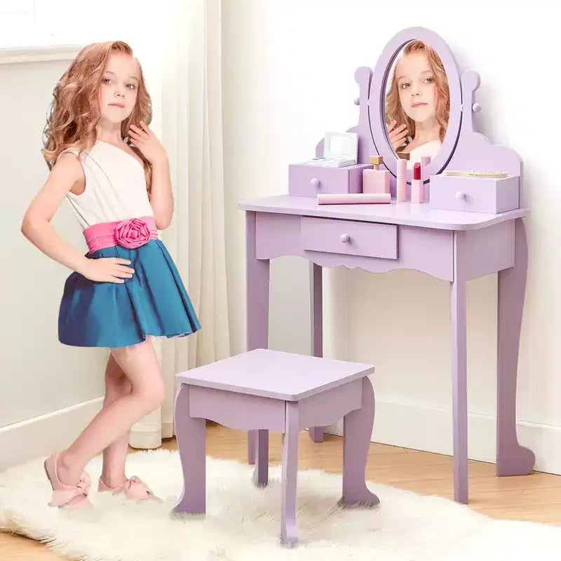 Coiffeuse rose / violette / blanche avec miroir et tabouret pour enfants – Pour 1 enfant, 4-10 ans