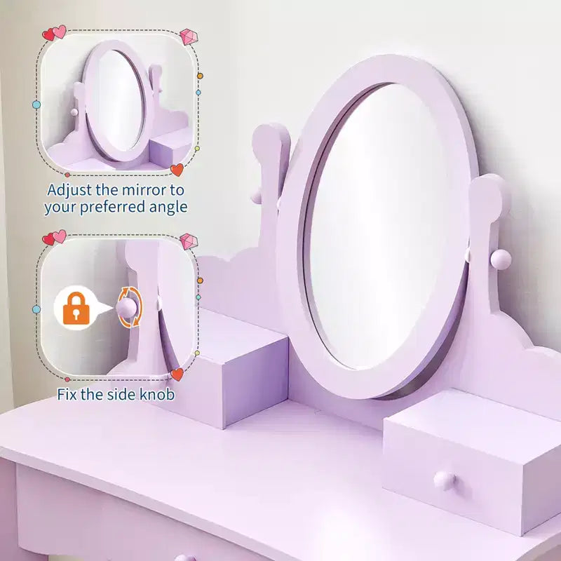 Coiffeuse rose / violette / blanche avec miroir et tabouret pour enfants – Pour 1 enfant, 4-10 ans