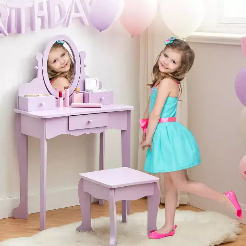 Coiffeuse rose / violette / blanche avec miroir et tabouret pour enfants – Pour 1 enfant, 4-10 ans