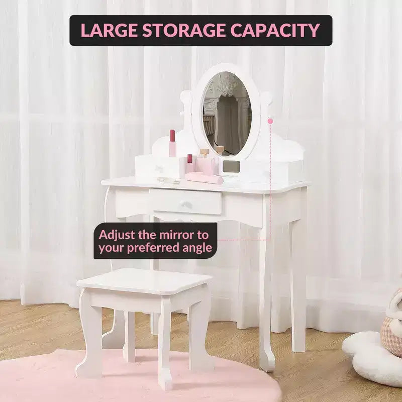Coiffeuse rose / violette / blanche avec miroir et tabouret pour enfants – Pour 1 enfant, 4-10 ans