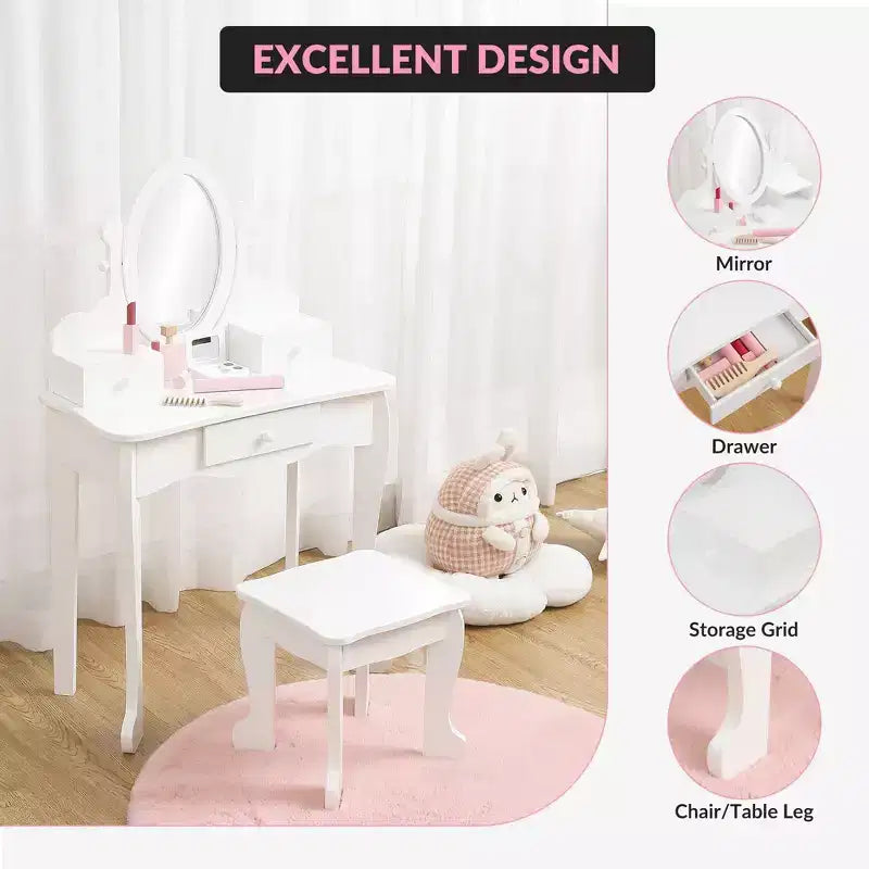 Coiffeuse rose / violette / blanche avec miroir et tabouret pour enfants – Pour 1 enfant, 4-10 ans