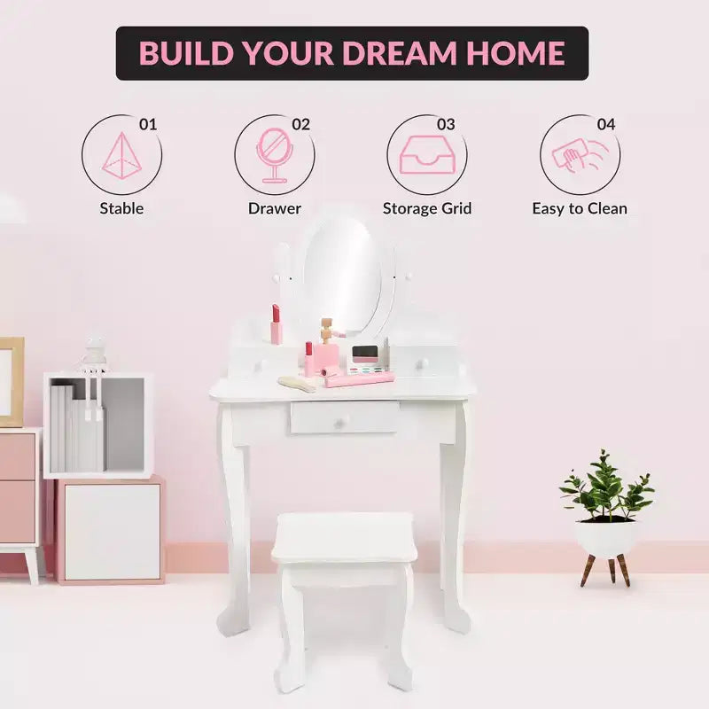 Coiffeuse rose / violette / blanche avec miroir et tabouret pour enfants – Pour 1 enfant, 4-10 ans