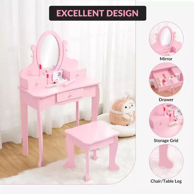 Coiffeuse rose / violette / blanche avec miroir et tabouret pour enfants – Pour 1 enfant, 4-10 ans