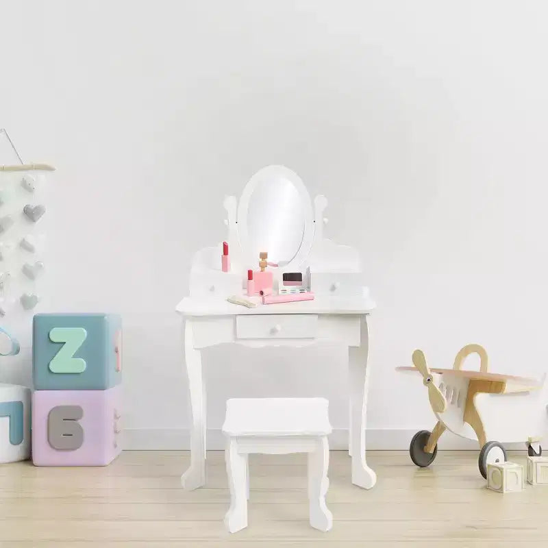 Coiffeuse rose / violette / blanche avec miroir et tabouret pour enfants – Pour 1 enfant, 4-10 ans