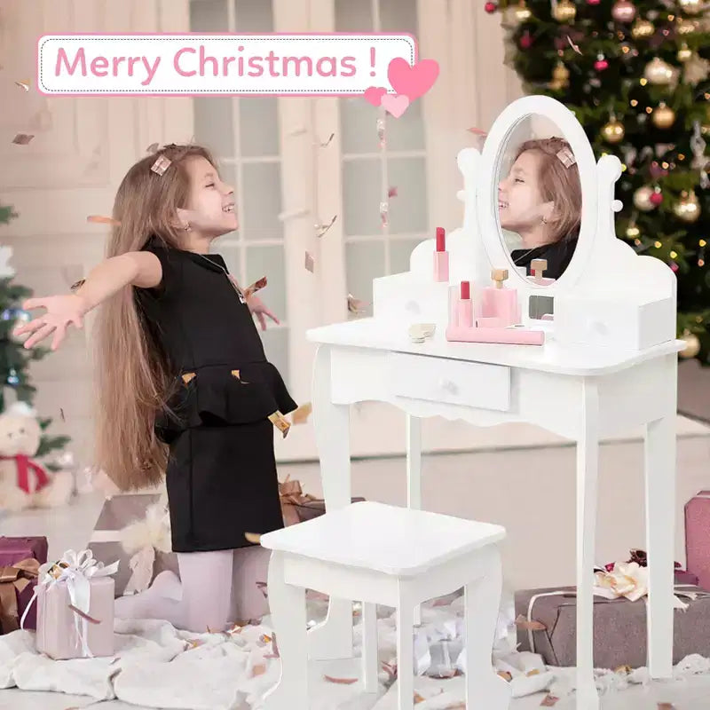 Coiffeuse rose / violette / blanche avec miroir et tabouret pour enfants – Pour 1 enfant, 4-10 ans