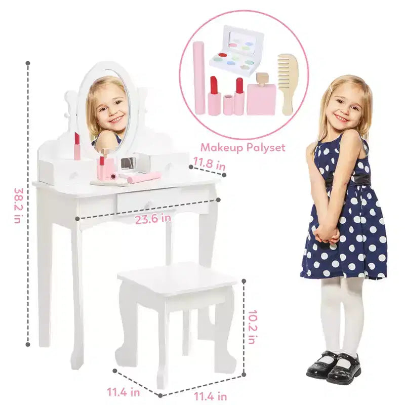 Coiffeuse rose / violette / blanche avec miroir et tabouret pour enfants – Pour 1 enfant, 4-10 ans