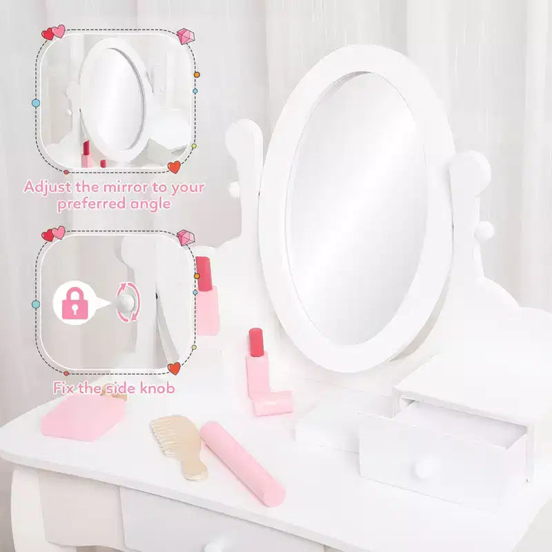 Coiffeuse rose / violette / blanche avec miroir et tabouret pour enfants – Pour 1 enfant, 4-10 ans