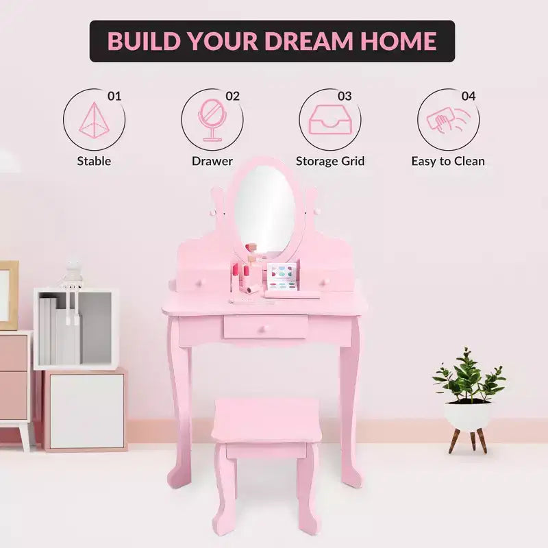 Coiffeuse rose / violette / blanche avec miroir et tabouret pour enfants – Pour 1 enfant, 4-10 ans