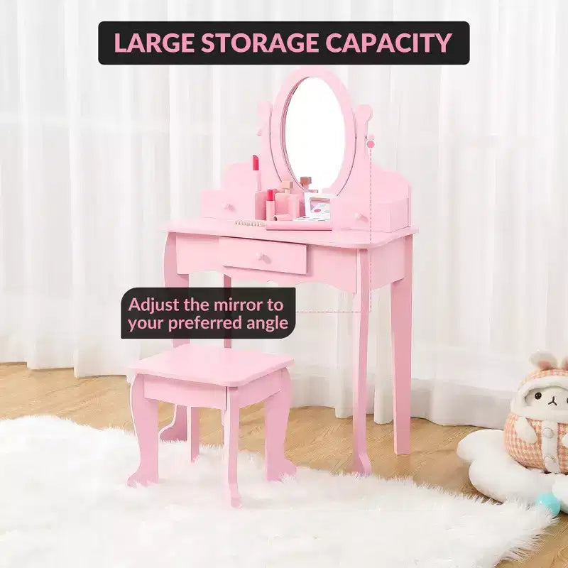 Coiffeuse rose / violette / blanche avec miroir et tabouret pour enfants – Pour 1 enfant, 4-10 ans