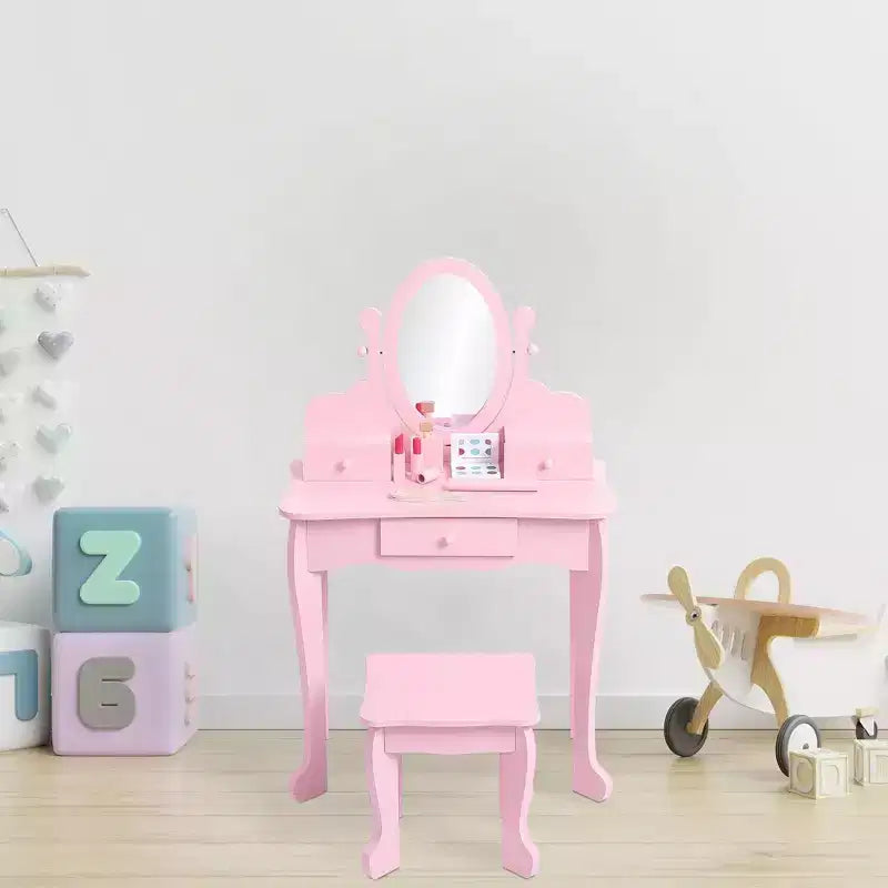 Coiffeuse rose / violette / blanche avec miroir et tabouret pour enfants – Pour 1 enfant, 4-10 ans