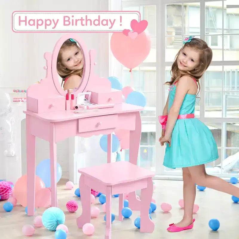 Coiffeuse rose / violette / blanche avec miroir et tabouret pour enfants – Pour 1 enfant, 4-10 ans